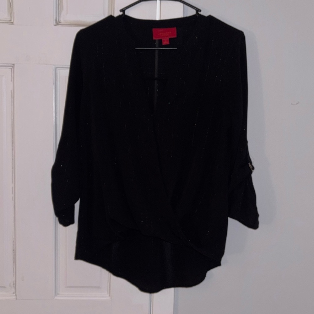 Pinstriped Black Top with slight plunge neckline by Jennifer Lopez